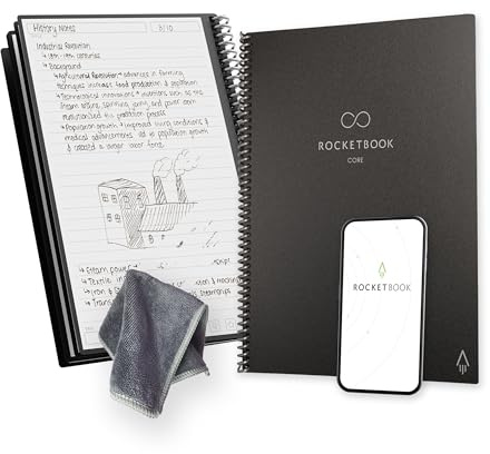 Rocketbook Core Carnet de Notes à Spirales Réutilisable, Taille Letter 21 cm x 29,7 cm, Noir - Ligné, Connecté à l’Application, Effaçable, Couverture Durable, École, Travail et Projets Créatifs