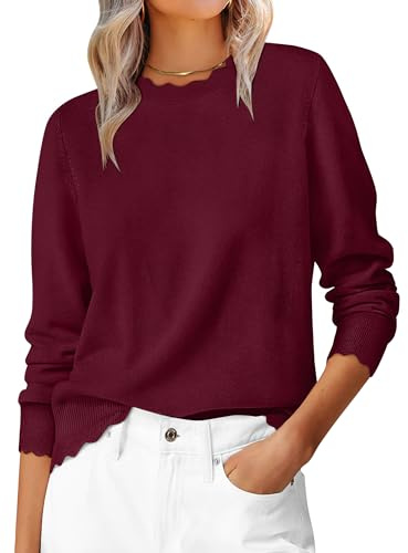 ANRABESS Sweaters for Women Loose Fit Lightweight Soft Dressy Scalloped Long Sleeve Pullover Tops 2025 Fall Casual Outfits Wine Red Medium