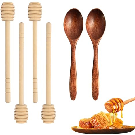 Alfven Cuillère à Miel, 6 pièces 15 cm Cuillère à Miel Set Mélangeur de Miel en Spirale 14 cm Cuillere a Miel en Bois pour Miel Brut, sirop d'érable, Lait condensé