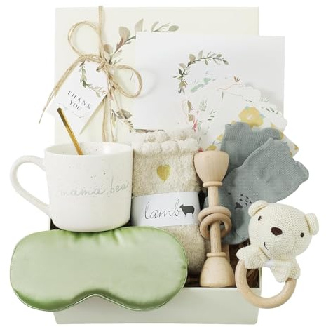 WOODEN TEETHER 9-Teiliges Baby Geschenk Mädchen Jungen, Personalisierte set für werdende Mütter mit Mama-Karte, Augenmaske, Trinkbecher, Grußkarte, Baby-Rassel, Windeltorte Geschenkbox(Bär, groß)