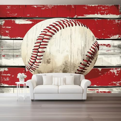 Papel tapiz fotográfico 200 x 140 cm Revestimiento de paredes decoración de salón Diseño Deportes Béisbol Retro para dormitorio, sala de estar, papel tapiz no tejido, decoración de pared, Rojo Blanco