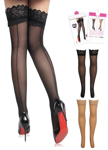 comeondear Sexy Sheer Thigh High with Seam 2 Pack Plus Size Overknees Nylon Stockings with Silicone Strap for Women