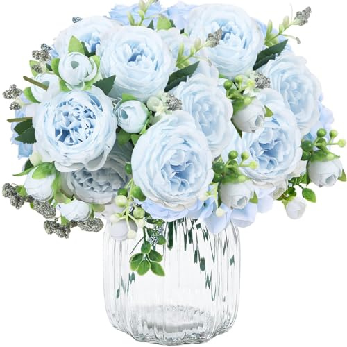 TENGWA 3 Mazzi Peonie Artificiali 32cm Fiori di Seta Blu Fiori Finti Wedding Bouquet Adatto per Matrimoni Decorazioni per Casa Tavola Composizioni Floreali e Uffici