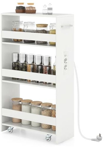 COSTWAY Carrello da Cucina a 4 Ripiani, Carrello Portaoggetti in Legno con Ruote Universali, Stretto e Slim 20cm, Salvaspazio con Manico per Bagno Lavanderia (con presa,Bianco+Bianco)
