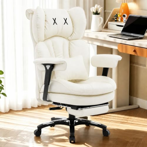 Efomao Desk Office Chair, Heavy Duty 200kg Big and Tall Executive Computer Chair, Unique XX Embroidery Ergonomic High Back PU Leather Chair with Retractable Footrest, White