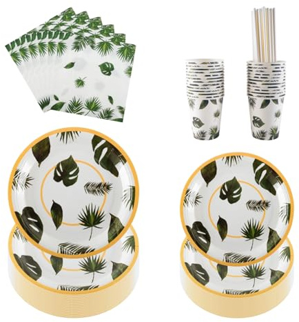 PHUNAT Monstera Leaf Tropical Party Tableware Set for 25 Guests, Includes 7 & 9 Inch Paper Plates, Cups, Napkins & Straws, Perfect for Summer Party, Birthday, Hawaiian Beach Party & Wedding