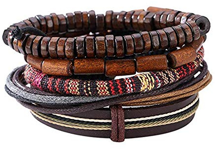 Unisex Mixed Bracelets Adjustable Handmade Multi Strand Braided Cowhide Bracelets Woven Leather Wristbands Wooden Beads Bracelet Wrist(1set of 5 pcs)