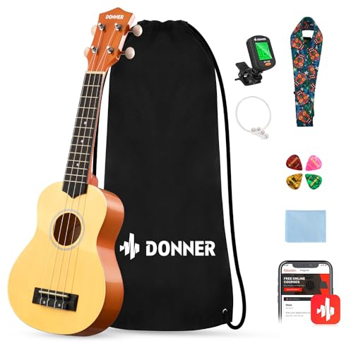 Donner Ukulele für Anfänger Sopran Ukulele Kit 21 Zoll Natur mit Nylon Saiten Hawaii Gitarre