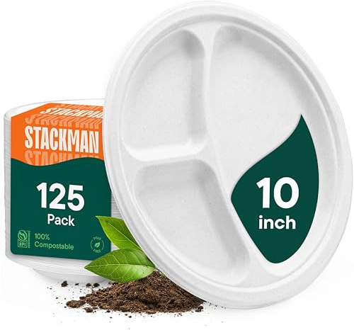 100% Compostable, 3 Compartment [10-Inch] Disposable Paper Plates [125-Pack] Sectional Lunch Trays + Dividers - Divided Platter Tray - Heavy Duty Biodegradable Bagasse (BPA-Certified) (PFAS-Free)