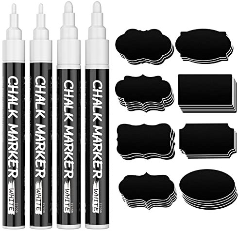 APOGO kreidestifte für tafel abwaschbar, Kreidemarker, 4 Stück Kreidestift Weiß Spitzen Reversibel 3mm,6mm und 45 Etiketten, Chalk Markers Kreidemarker Weiss, Kreidestifte für Fenster,tafelkreide,Glas