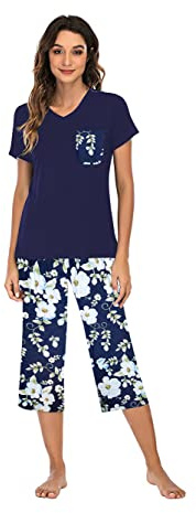 Famulily Casual Pyjamas Women Crop Bottoms Ladies Pyjamas Size 14 Petite Black pj top women Dark Blue XXL
