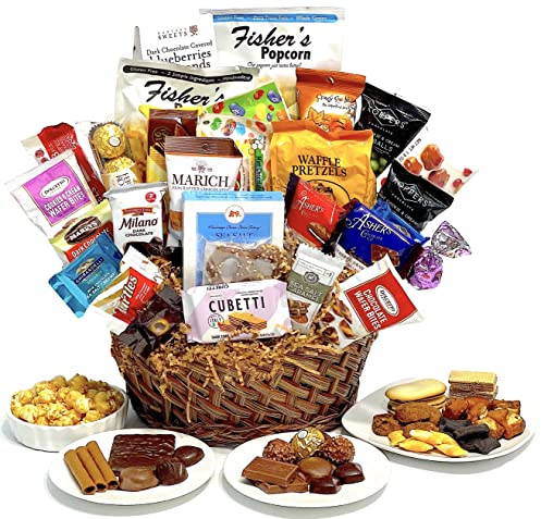Hand-Crafted 33 Piece customizable chocolate gift basket of gourmet chocolates, cookies, and crunches. Tasty treats selected for businesses, clients, employees, birthdays, thank you and more!