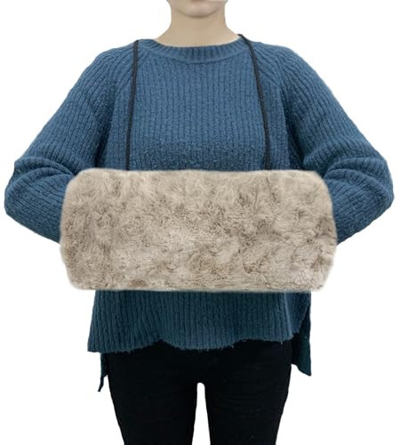 SwirlColor Hand Muffs Faux Fur, Muff for Warming Hand in Winter Khaki Portable Handmuff Women Hand Warmer Muff with Neck Cord and Zip Pocket