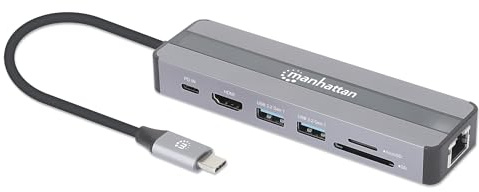 MANHATTAN 7-in-1-Dockingstation USB C-Stecker auf HDMI-Buchse 4K30Hz 2X USB-A 5 Gbit/s Gigabit-RJ45 USB-C PD 87W Kartenleser