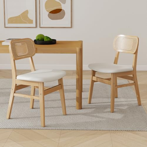 chairus Rattan Dining Chairs Set of 2 PU Leather Kitchen Chair for Dining Room Armless Side Chairs with Wood Legs (White)