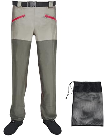 JUSTOOP Waist Wader Pants for Men and Women, 3-Ply Breathable Waterproof Fishing Waders with Pockets and Durable Stockingfoot, Size XL Grey