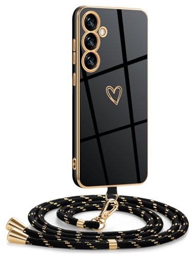 Mkej Coque pour Samsung Galaxy A55 5G avec Cordon, Coque avec Collier Motif Coeur d'amour Silicone Galvanisé Housse, Réglable Amovible de Cordon Case pour Samsung Galaxy A55 5G, Or Noir
