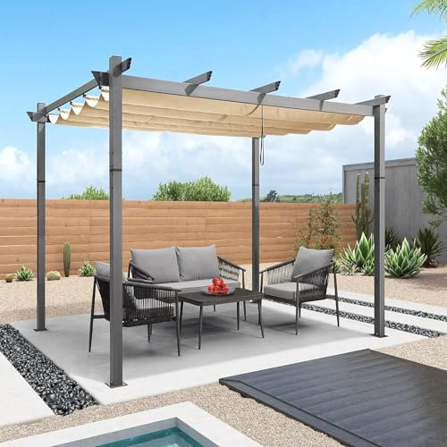 Lishetimig Metal Pergola with Retractable Roof, 3Mx3Mx2.4M Garden Gazebo,Waterproof and SPF15,for Barbecue Event, Garden and Lawn Party (Beige)