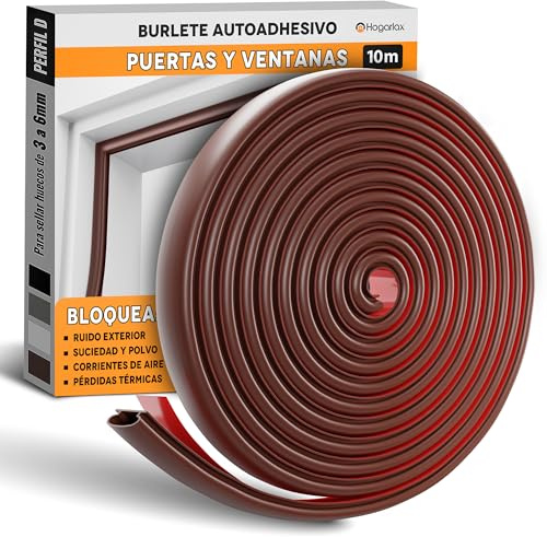 HOGARLAX 10M - Burlete Puerta Entrada, Burlete Ventana, Junta de Goma Adhesiva, Aislante Térmico Ventanas y Puertas, Aislante Acústico - Tira de Sellado Autoadhesivo para Huecos de 3 a 6 mm (Marrón)