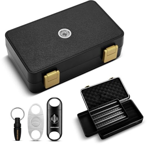 CLZOONG Travel Cigar Humidor Box Case Portable Double Layer Design with Cigar Accessories Hygrometer&Humidifier&Straight Cutter & V-Cutter& Punch,Holds 10 Count-Waterproof Case, Airtight Seal (Black)