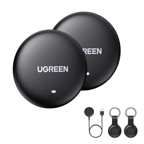 UGREEN FineTrack Mini (2-pack) med trådlös laddning (iOS) | Trådlös laddning spårare, 12 månaders körtid, Smarttag med 100 dB larm, nyckelsökare för resväskor, bagage, pass