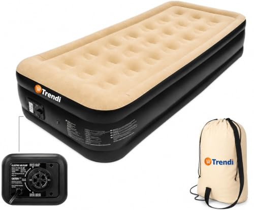 Trendi Inflatable High Raised Air Bed Mattress with Built-in Electric Pump – Single Size Flocked Airbed with Pillow for Camping, Guests, Travel & Home Use