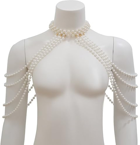 RUNRAYAY elegante catena per il corpo con perle, reggiseno multistrato, bikini, perline, collana con catena per lingerie, gioielli per festival, rave, catena per braccio da donna