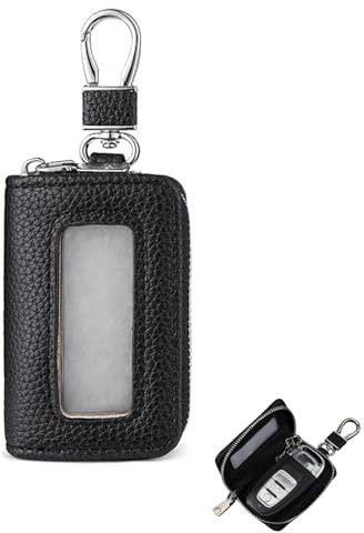 YIPFEN 1 Unidad Funda Porta Llaves de Coche de Cuero Negra, Estuche Protector Universal con Cremallera, Organizador Duradero para Llaves de Hogar y Mando a Distancia
