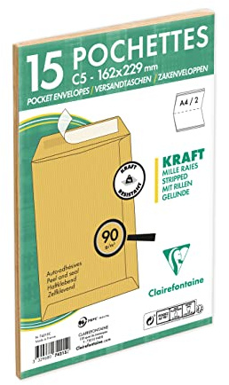 Clairefontaine 74215C - Paquet de 15 Pochettes Kraft Milleraies Brun C5-162x229 mm - Auto-Adhésives - 90g/m²