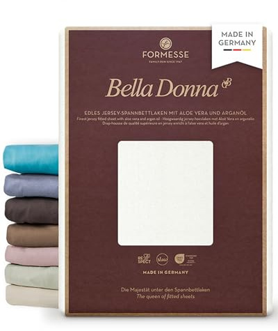 Formesse – Bella Donna Jersey. Edles Jersey-Spannbettlaken 90x190-100x220 cm - bis 30cm Höhe - 97% Baumwollzwirn, 3% Elastan, Aloe Vera und Arganöl/Spannbetttuch aus Deutschland - Wollweiss
