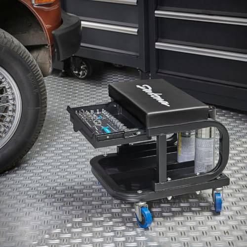 Datona - Rollhocker Werkstatthocker mit Rollen und Schublade - Gepolsterter Arbeitshocker 5 cm Sitzpolster - Ablagefach für Werkzeug Schrauben Muttern - Mobil & Robust