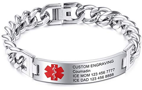 MOWOM Medical Alert Armband benutzerdefinierte Gravur, 7-9 Zoll, Identifizierung Allergie Leben Medic Name ID für Männer Frauen Edelstahlkette Armbänder - (Bundle mit Notfallkarte, Halter)