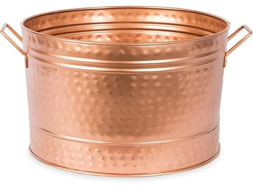 Oakestry Round Copper Plated Galvanized Steel Tub Farmhouse Style Beverage Cooler Drink Bucket Ice Chest Metal Planter Rustic Patio Decor for Weddings, Parties, Outdoor Barbecues and Home Use