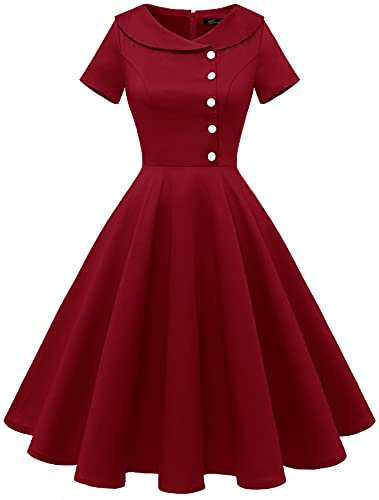 Wedtrend 60er Jahre Kleid Damen Rockabilly Einfarbig Kleid Kurzer Ärmel Kleid Dunkelrot WTP20007 DarkRed M