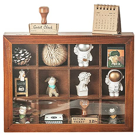 Mini Clear Display Wood Cabinet with 12 Slots - 10 x 15.5 Collectibles Display Case - Wooden Floating Shelves for Display & Home Decor - Vintage Style Wood Cubby Shelf with Front Clear Cover