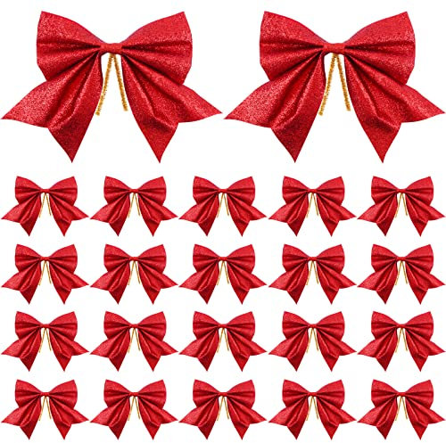 20 Stück 15x14cm Weihnachten Schleifen Glitzer Gold Weihnachtsschleifen Bogen Hänge Deko für Weihnachtsbaum Weihnachtskranz Tannenbaum Weihnachtsbaumschmuck Weihnachtsdeko Weihnachtsbaumschleifen