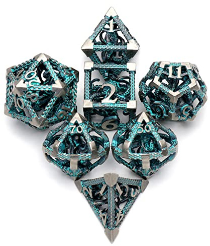 HNCCESG Dés Jeu de Role en Métal pour Donjons et Dragons, Set de Dés Polyédriques Cthulhu Poulpe 3D Creux D4/D6/D8/D10 (0-9 et 00-90)/D12/D20 7 Pièces avec boîte en métal