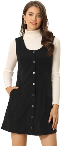 Allegra K Robe Chasuble décontractée en Velours côtelé pour Femme avec Poches à Encolure dégagée Noir L