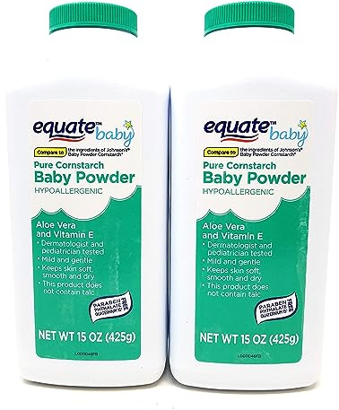 Pure Equate Cornstarch Baby Powder, Hypoallergenic, alloe Vera, Vitamin E, 15 oz Each, Pack of 2.