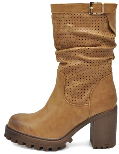 IF FASHION Stivaletti Strivali Tronchetti Aricciati Con Tacco Grosso Plateau Pelle Sintetica Da Donna G675 camel N.36