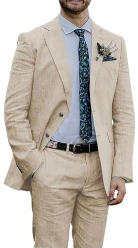 Botong Trajes de lino de verano para hombre, esmoquin ligero para padrinos de boda en la playa, boda, traje de graduación, pantalones blazer, beige, 46