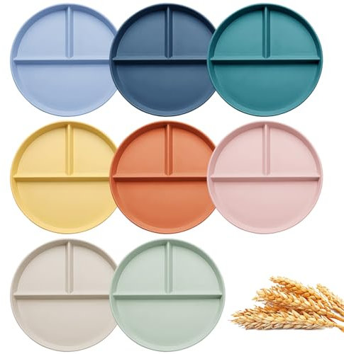 OWill 8 Stück Kinderteller mit Unterteilung, 23 cm Geteilte Teller mit Unterteilung, 3 Fächern Geteilte Platte Speiseteller Teller Sets, Wiederverwendbar Portionsteller für Kinder und Erwachsene