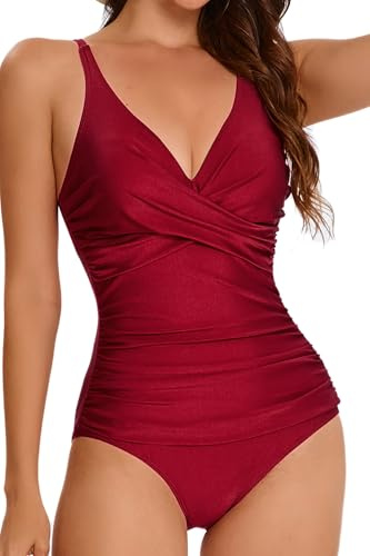 Viloree - Bañador de una pieza para mujer, con cuello de pico, control de adelgazamiento, talla grande, monokini, granate, XL