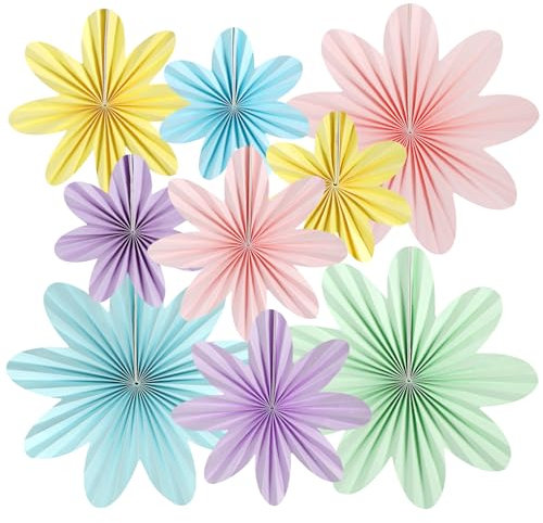 Pastel Paper Flowers Decorations, Kaluofan 9 PCS Paper Fans Party Decorations, Pastel Birthday Floral Hanging Decoration for Birthday Weddding Festival Carnival Mother's Day Summer Party