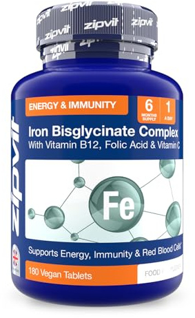 Zipvit Iron Tablets High Strength with Vitamin C, B12 & Folic Acid, 180 Vegan Energy Tablets, Iron Supplements for Women & Men for Energy & Absorption
