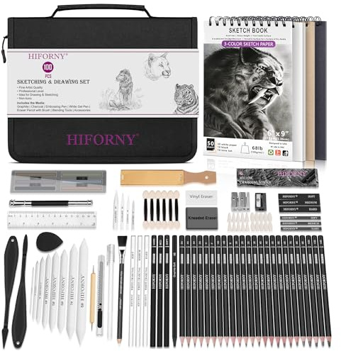 HIFORNY 100 PCS Drawing Set Sketching Kit,Sketch Pencils Art Supplies with Graphite,Charcoal,Blending Tools & Accessories,Portable Zippered Travel Case for Artists & Beginners