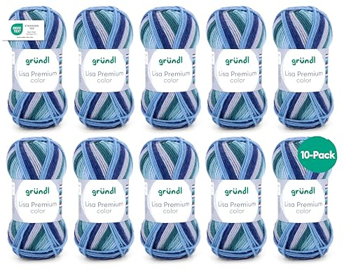 Gründl Laine Lisa Premium color – fil à tricoter avec dégradé de couleurs – douce et respectueuse de la peau – 100% acrylique – 10 pelotes 50 g / 133 m – taille d’aiguille 3,5–4,5 - bleu encre-gris