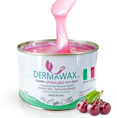 Dermawax Cire Tiède Cerise 400 g – Cire d’Épilation Synthétique Liposoluble avec Bandes – Texture Crémeuse Professionnelle pour Jambes, Bras, Dos & Torse – Made in Italy
