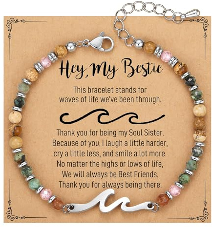 Bracelet d'Amitié Femme en Pierres Naturelles avec Vague, Bracelet Perles Femme Cadeau Meilleure Amie Sœur, Bracele en Pierre Naturelle pour Femmes, ajustable Bijou Amitié Cadeau Anniversaire Noël