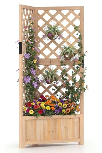 GOPLUS Pflanzkasten mit Rankgitter, Eck Gartenbeet mit Spalier, Gartenspalier für Blumen & Kletterpflanzen, Blumenbeet aus Holz mit Drainageloch, Blumenkasten für Terrasse, Hof & Balkon (Natur)